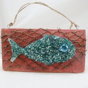 Hand Crafted -Wood Wall Art-Beach Green Resin-Glass Fish